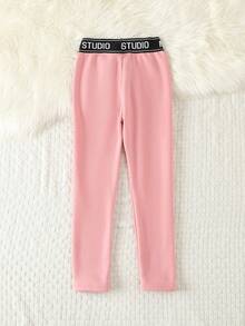 SHEIN 女大童腰部字母條帶加絨內裏紙巾緊身打底褲 - 粉色 - 查看 2