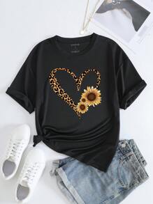 SHEIN EZwear Heart And Floral Print Tee - Black - View 1