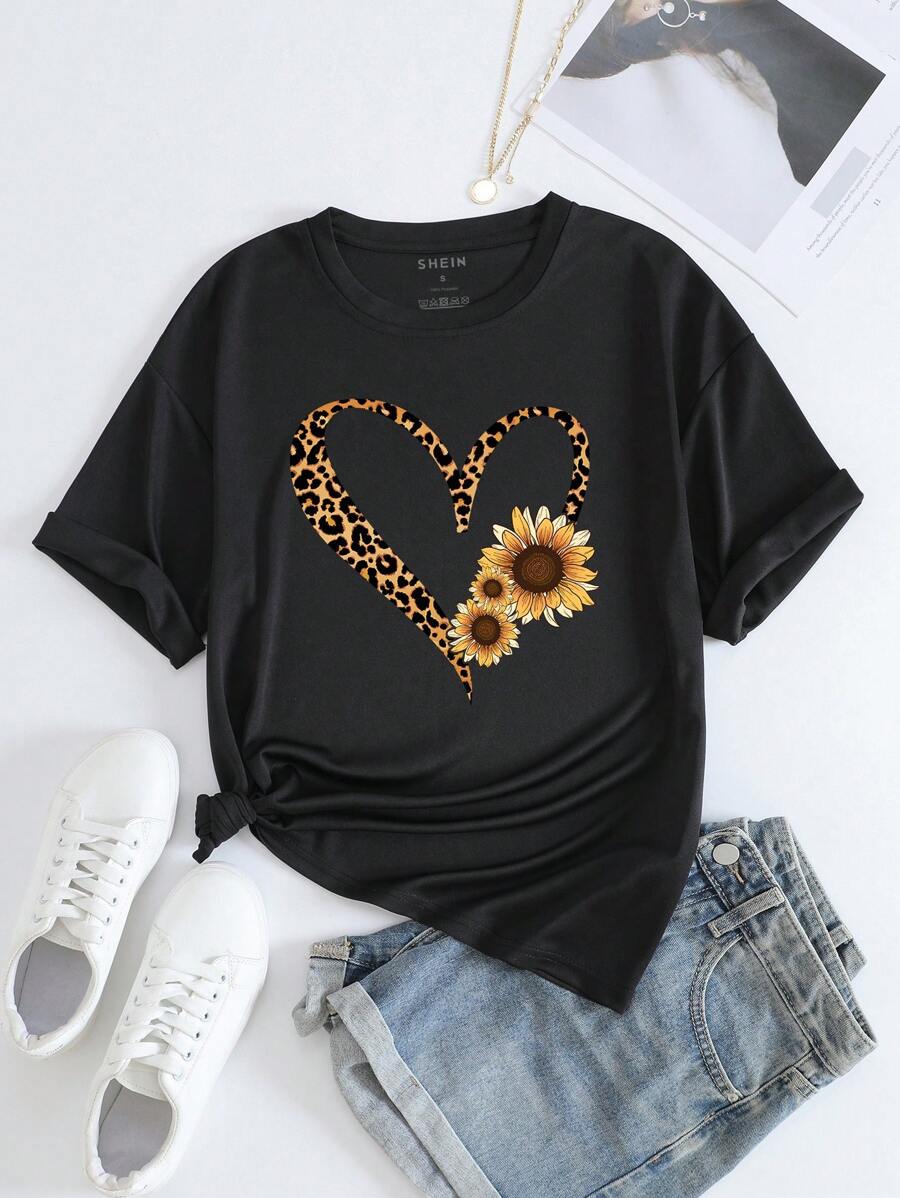 SHEIN EZwear Heart And Floral Print Tee - Black - View 1