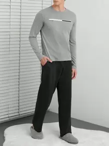 EURMUSE Men Letter Graphic PJ Set - Grey - View 4