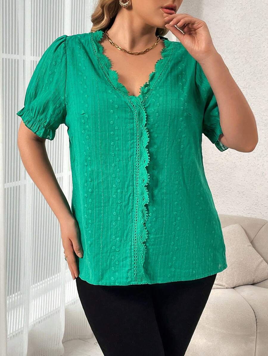 Flirla Plus Contrast Lace Puff Sleeve Blouse
