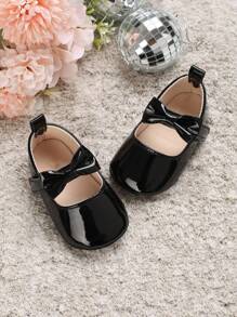 學院黑色瑪麗珍鞋適用於女孩嬰兒蝴蝶結裝飾貼布裝飾平底鞋
