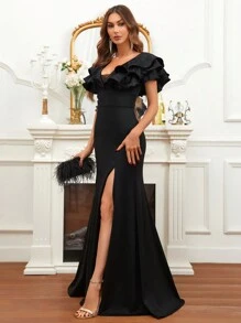 SHEIN Belle 荷葉邊魚尾裙下擺正式洋裝 - 黑色 - 查看 7