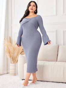 Modelyn Plus Solid Flounce Sleeve Sweater Bodycon Dress - Blue - View 6