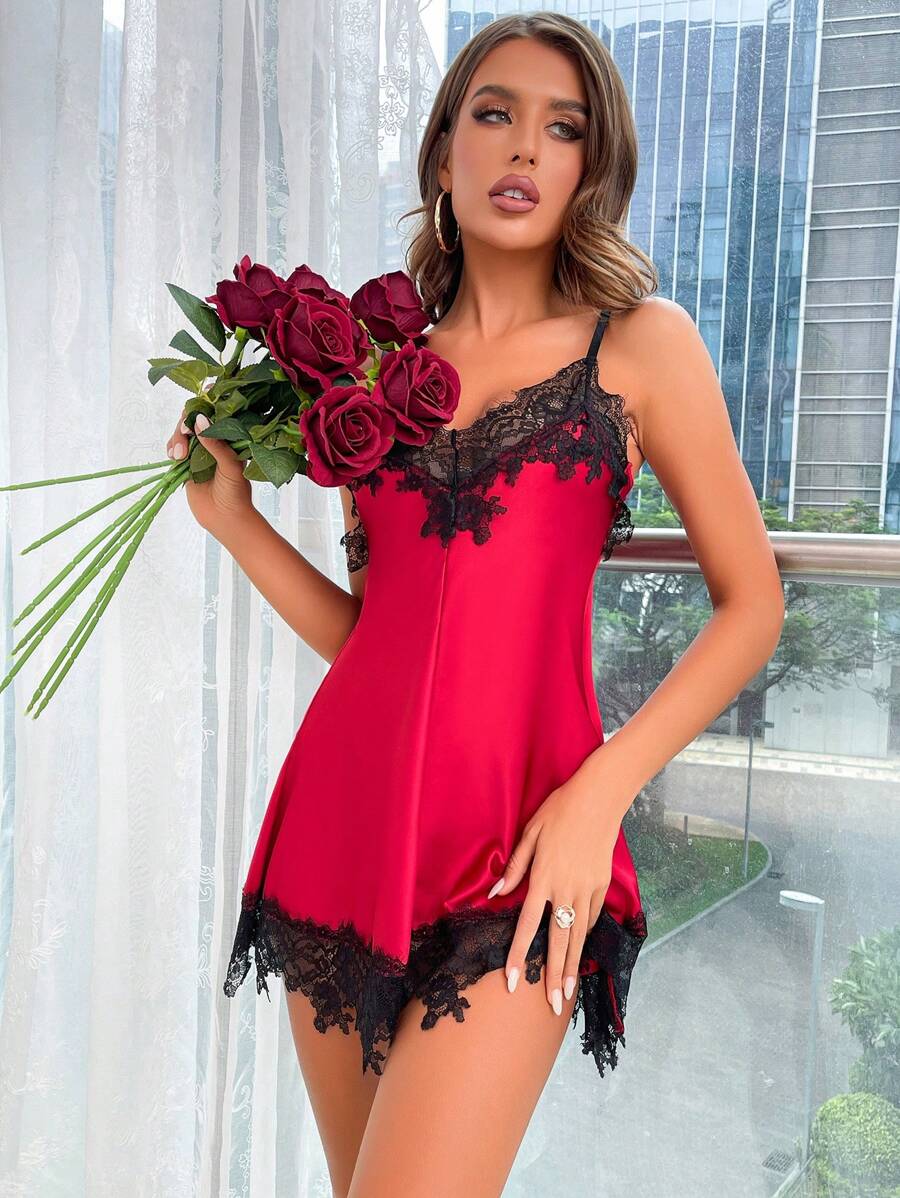 Ren tương phản Váy lót satin Với Thong - Màu Đỏ Sâu - Xem 1
