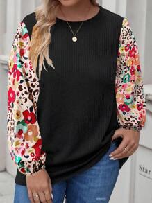 SHEIN LUNE 大碼印花燈籠袖華夫格編織上衣 - 黑色 - 查看 4