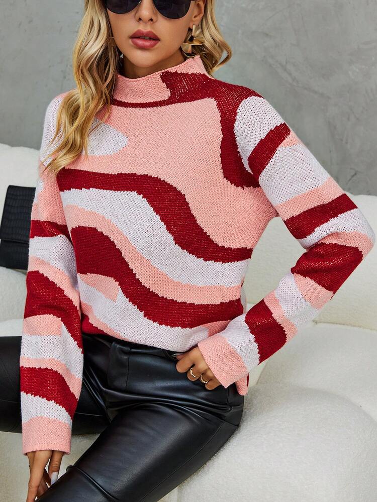 Color Block Mock Neck Drop Shoulder Knit Pullover Fall Winter Sweater