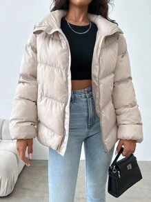 EURMUSE Zip Up Hooded Puffer Coat - White - View 1