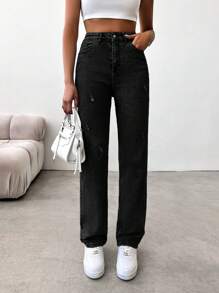 RueChic High Waist Ripped Detail Straight Leg Jeans - Black - View 5