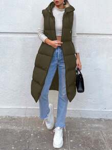 EURMUSE Zip Up Hooded Puffer Vest Coat - Army Green - View 5