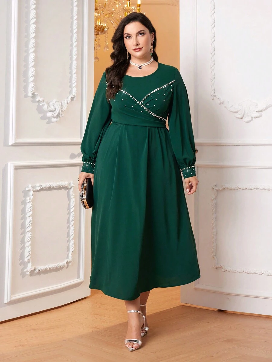 Al Najma 大碼珍珠串珠燈籠袖洋裝 - 綠色 - 查看 1