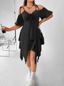 Flirla Talla grande Vestido con cordón delantero de hombros descubiertos bajo asimétrico - Negro - Ver 1