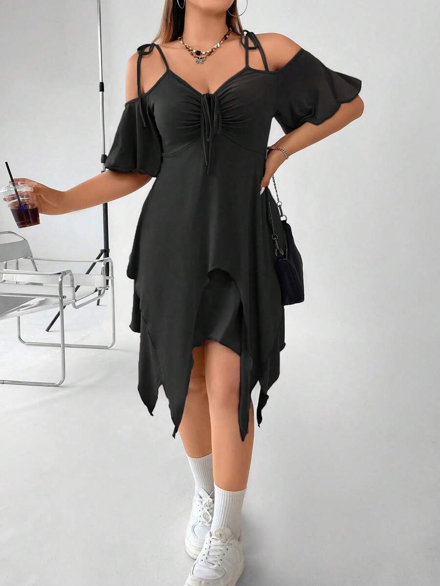 Flirla Talla grande Vestido con cordón delantero de hombros descubiertos bajo asimétrico - Negro - Ver 1