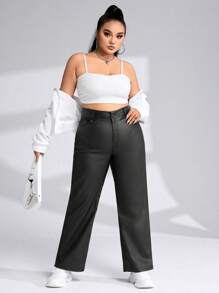 Flirla Pantalones rectos de talle alto para tallas grandes - Negro - Ver 5