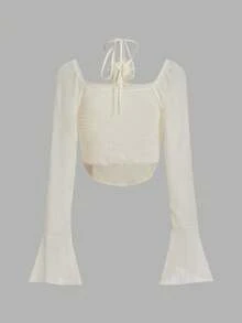 SHEIN MOD 荷葉邊荷葉袖襯衫 - 米色 - 查看 2