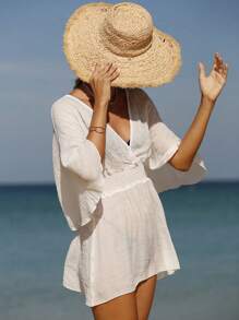 Swim Lushoire Summer Beach Solid Batwing Sleeve Cover Up Dress - White - View 6