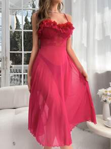 SHEIN Camisón largo con contraste de encaje, volantes y malla - Rosa Fucsia - Ver 5