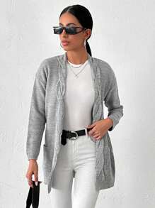 EURMUSE Dual Pocket Drop Shoulder Open Front Cardigan - Grey - View 5