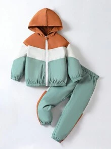 SHEIN 男小童撞色拉鏈開襟連帽夾克&拼接側邊接縫長褲 - 彩色 - 查看 7