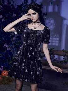 Corpse Bride | ROMWE Butterfly Print Velvet Dress - Multicolor - View 1