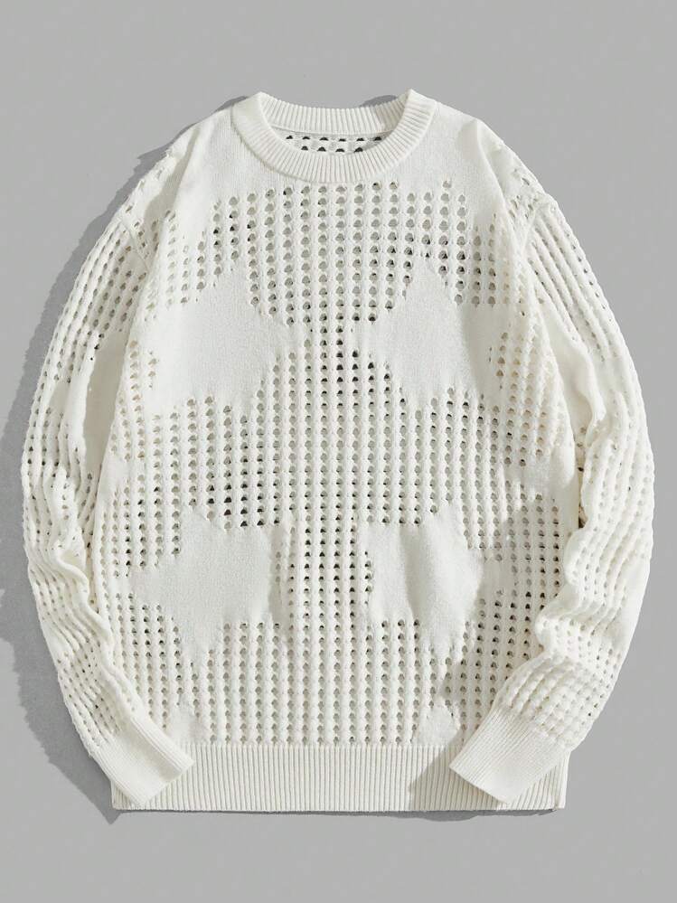ROMWE MEN Street Life Rapazes Sólido Padrão De Estrela Malha Aberta Suéter - Branco - Ver 1