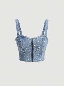 SHEIN MOD Rhinestone Detail Zip Up Denim Top - Light Wash - View 1