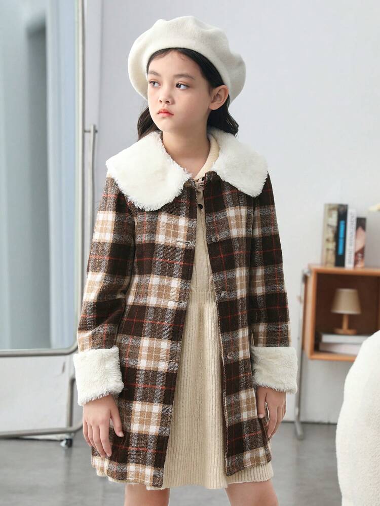 Tween Girl 1pc Plaid Print Borg Collar Belted Overcoat