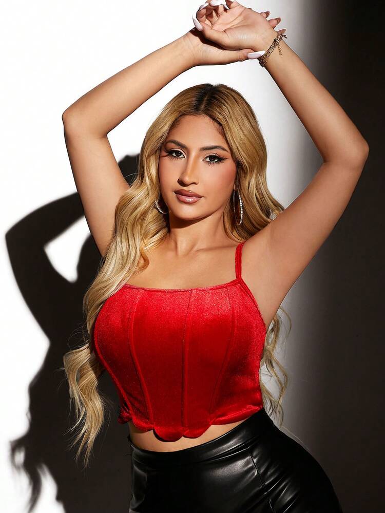 Solid Scallop Trim Crop Cami Top Party New Years Eve Sexy Top