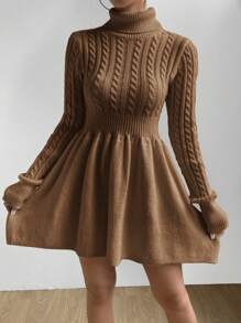 Firerie Turtleneck Cable Knit Sweater Dress In Fall/Winter - Coffee Brown - View 1