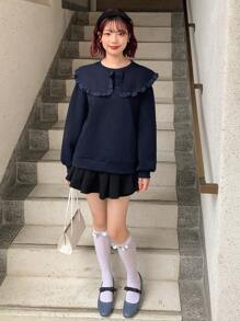 FRIFUL Frill Trim Statement Collar Sweatshirt - Navy Blue - View 5