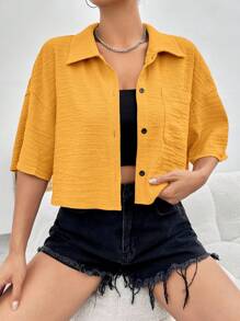 SHEIN EZwear Camisa de hombros caídos con parche de bolsillo - Amarillo - Ver 4