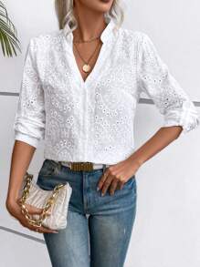 Calvaya Eyelet Embroidery Roll Up Sleeve Notched Neckline Shirt,Long Sleeve Tops Fall Cloth For Women - White - View 1
