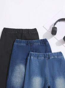 Young Boys 3 Packs Elastic Waist Slant Pocket Solid Jeans, School, Campus, College Summer Holiday - Multicolor - View 3