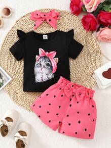 Baby Girl Cartoon Graphic Ruffle Trim Tee & Heart Print Bow Front Shorts & Headband - Multicolor - View 1