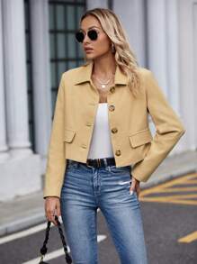 SHEIN LUNE 正面翻蓋細節鈕扣短款大衣 - 棕色 - 查看 4