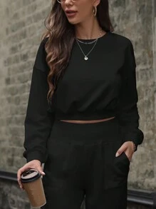 SHEIN LUNE Sudadera corta con hombros caídos unicolor - Negro - Ver 1