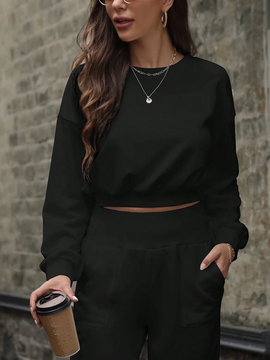 SHEIN LUNE Sudadera corta con hombros caídos unicolor - Negro - Ver 1