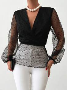 EURMUSE Contrast Mesh Lantern Sleeve Peplum Blouse - Black - View 5