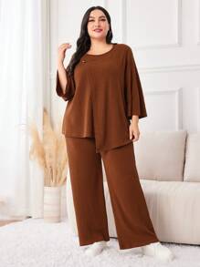 Mulvari Plus Button Detail Asymmetrical Hem Tee & Wide Leg Pants - Coffee Brown - View 1