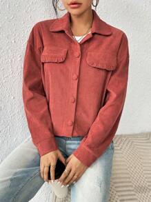 SHEIN Essnce Drop Shoulder Frill Flap Detail Corduroy Coat - Redwood - View 4