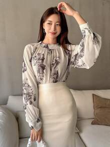DAZY Floral Print Tie Back Blouse - Apricot - View 1
