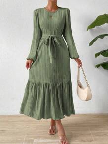 SHEIN LUNE 灯笼袖荷叶边下摆系带连衣裙 女式超长款 - 綠色 - 查看 3