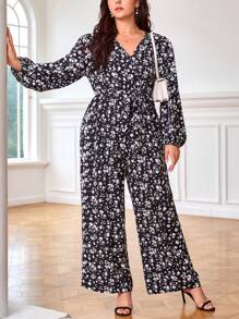 SHEIN Clasi Plus Ditsy Floral Print Lantern Sleeve Belted Wide Leg Jumpsuit - Multicolor - View 1