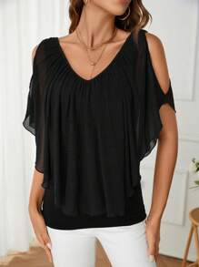 SHEIN Clasi Cold Shoulder Batwing Sleeve Tee - Black - View 2