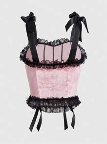 ROMWE Goth Top de terciopelo con camisa interior de contraste con volantes de encaje, camisetas gráficas escolares para mujer