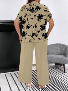 SHEIN LUNE Hơn In hoa tay cánh Áo thun & Quần - Màu Khaki - Xem 2