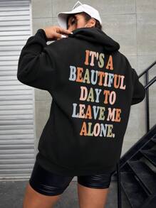 Calvaya 大码休闲标语印花抓绒卫衣，秋冬季 - 黑色 - 查看 1