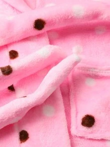 年輕女孩圓點印花連帽腰帶法蘭絨長袍 - 粉色 - 查看 7