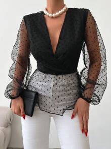 EURMUSE Contrast Mesh Lantern Sleeve Peplum Blouse - Black - View 3