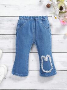 女嬰撞色荷葉邊喇叭牛仔褲 - 深色水洗藍 - 查看 1
